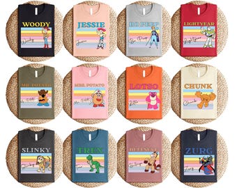 Rainbow Stripe Toy Story T-Shirt, Woody Buzz Jessie Bo Peep Mr. Potato Lotso Alien Tee, Pixar Character Retro Shirt