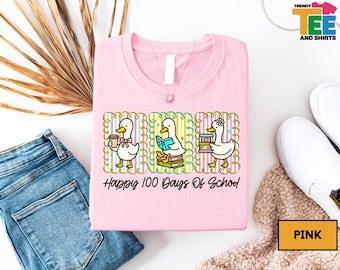 Happy 100 Days Of School Goose Teacher Shirt, Cute Duck Reading Classroom Tee, Funny 100th Day Celebration Outfit For Teachers