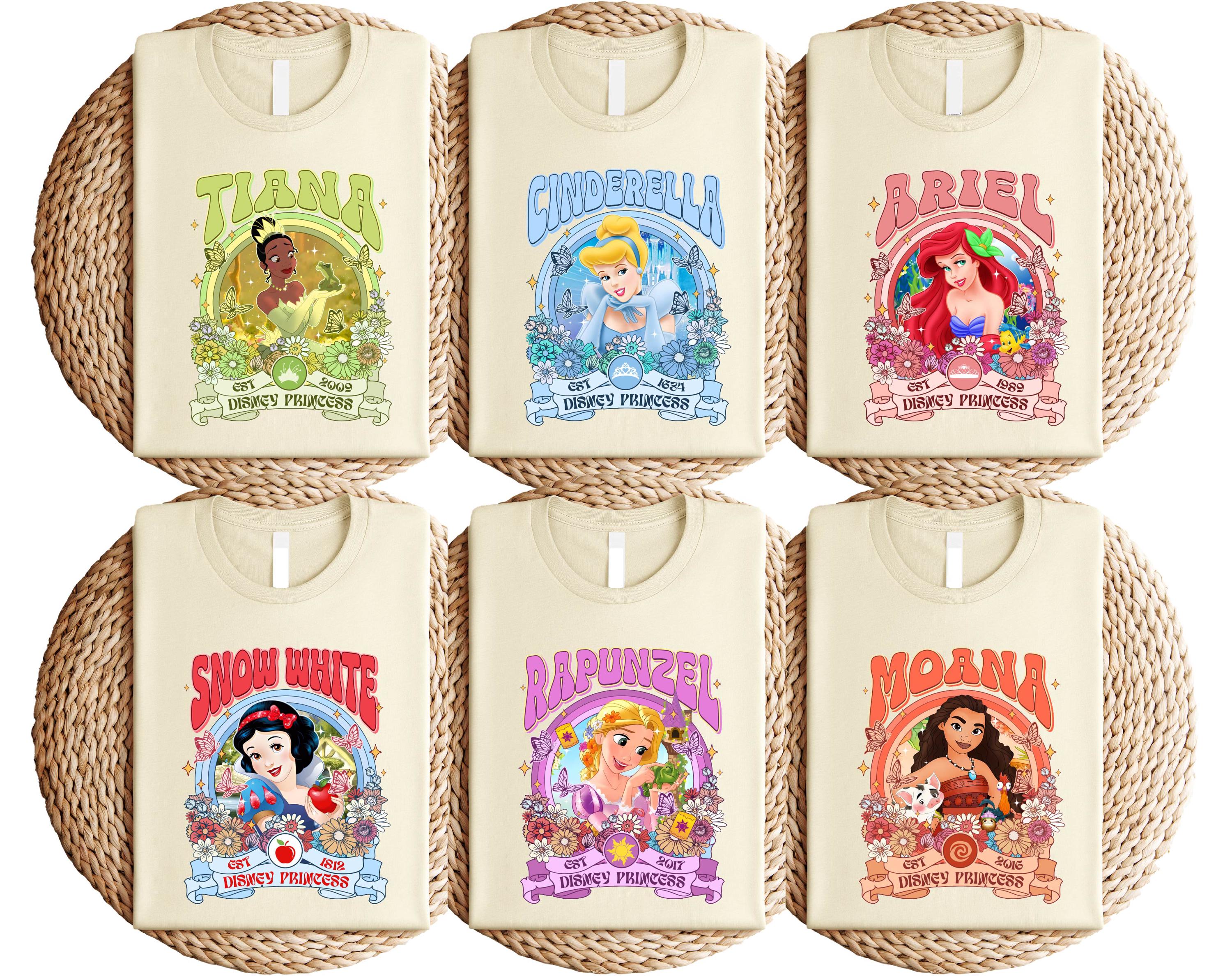 Floral Disney Princess Shirt, Tiana Cinderella Ariel Rapunzel Moana Snow White Tee, Vintage Princess Character Graphic T-Shirt