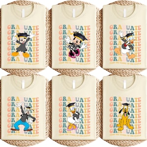 May include: Six cream-colored t-shirts with a graduation theme. Each shirt features a different Disney character wearing a graduation cap and gown. The text "GRADUATE" is repeated in a retro font on each shirt. The text "From the Tunnel to the Castle" is printed on the bottom of each shirt.