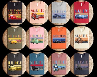 Retro Cars Characters T-Shirt, Lightning McQueen Sally Mater Doc Hudson Tee, Vintage Pixar Movie Car Shirt For Kids And Fans