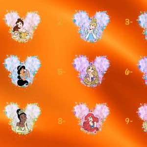 a picture of disney princesses on an orange background
