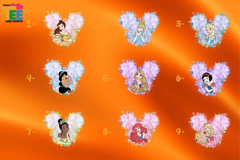 a picture of disney princesses on an orange background
