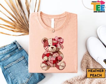 Faux Yarn Patchwork Teddy Bear Shirt, Coquette Valentine Bear Tee, Quilted Plush Heart Graphic Top, Cute Valentine’s Day Gift For Girlfriend