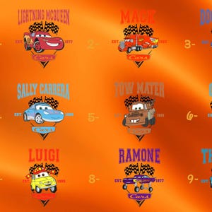 the cars of the disney pixar movies are depicted on an orange background
