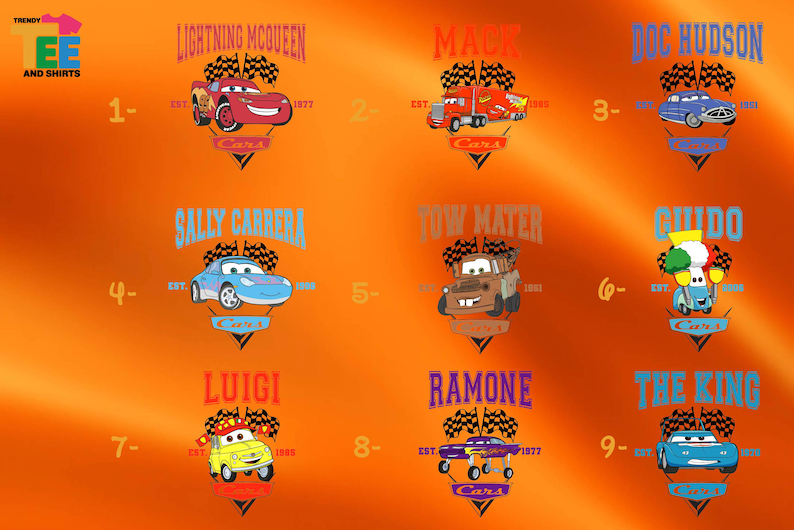 the cars of the disney pixar movies are depicted on an orange background