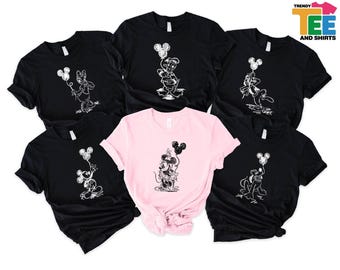 Disney Black and White Character T-Shirt, Minimalist Balloon Family Tee, Mickey Minnie Donald Daisy Goofy Pluto Matching Trip Sweatshirt