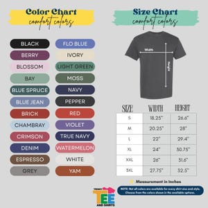 The image is a color chart and size chart for a t-shirt, providing a visual representation of different color options and corresponding measurements.
