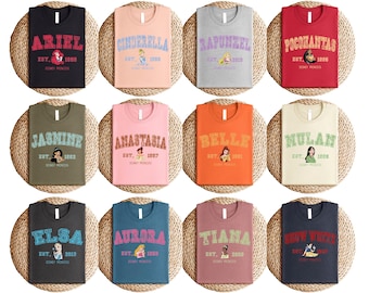 Disney Princess Varsity Shirt, Matching Group Disney Trip Tee, Cinderella Aurora Elsa Belle Anna Jasmine T-Shirt, Disney Bounding Shirt