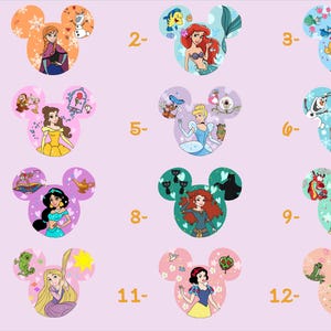 a collection of cartoon character illustrations, each with a unique design and theme. The characters include Mickey Mouse, Snow White, Rapunzel, and other popular Disney characters. The illustrations are arranged in a grid format, with each character depicted in a different color and style. The image is not a single image but rather a collage of multiple images, each showcasing a different character and design.