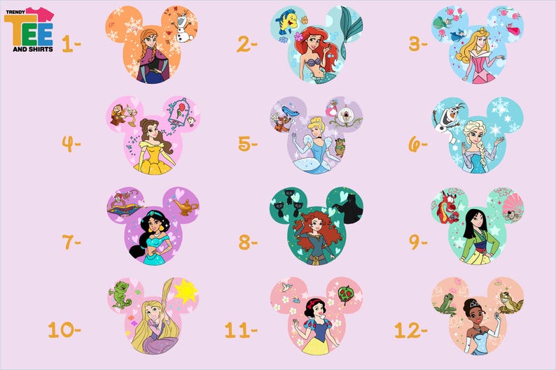 a collection of cartoon character illustrations, each with a unique design and theme. The characters include Mickey Mouse, Snow White, Rapunzel, and other popular Disney characters. The illustrations are arranged in a grid format, with each character depicted in a different color and style. The image is not a single image but rather a collage of multiple images, each showcasing a different character and design.