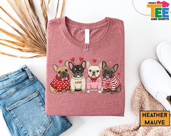 Camiseta de Bulldog Francés para San Valentín, sudadera con estampado de perritos adorables, camiseta con estampado de corazón de cachorro, regalo de San Valentín para mamá perruna, top acogedor y romántico con animales.