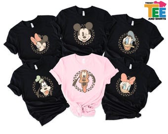 Retro Mickey and Friends Checkered T-Shirt, Vintage Disney Character Sweatshirt, Mickey Minnie Donald Daisy Goofy Pluto Family Trip Shirt