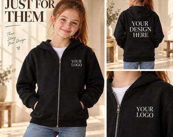 May include: A black zip-up hoodie featuring a white 'YOUR LOGO' print on the left chest and 'YOUR DESIGN HERE' on the back. The text 'MADE JUST FOR THEM' and 'Their Story. Your Design.' appears in the image. The hoodie has a hood and pockets.