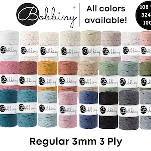 Bobbiny Regular 3mm 3 Ply Cord for Macramé, Crochet, Weaving, Knitting 100% Cotton Rope 108yds