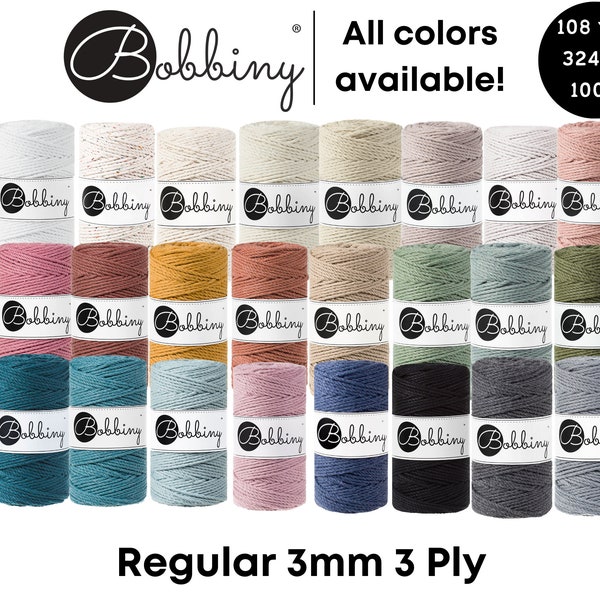 Bobbiny Regular 3mm 3 Ply Cord for Macramé, Crochet, Weaving, Knitting 100% Cotton Rope 108yds