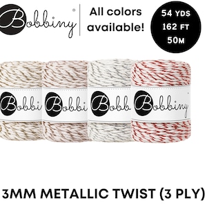 Bobbiny 3mm Metallic Twist Rope Macramé, Crochet, Weaving, Knitting 100% Cotton Rope 54yds/50m