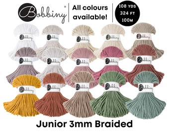 Bobbiny Junior 3mm Braided Cord for Macramé, Crochet, Weaving, Knitting 100% Cotton Rope 108yds