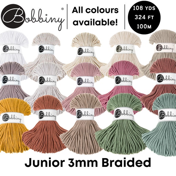 Bobbiny Junior 3mm Braided Cord for Macramé, Crochet, Weaving, Knitting 100% Cotton Rope 108yds