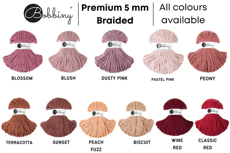 Może przedstawiać: Wyb&oacute;r 10 kolor&oacute;w sznurka plecionego o grubości 5 mm, w tym Blossom, Blush, Dusty Pink, Pastel Pink, Peony, Terracotta, Sunset, Peach Fuzz, Biscuit, Wine Red i Classic Red.