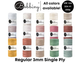 Bobbiny Regular 3mm Single Ply Cord for Macramé, Crochet, Weaving, Knitting 100% Cotton Rope 108yds