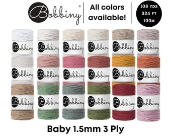 Bobbiny Baby 1.5mm 3 Ply Cord for Macramé, Crochet, Weaving, Knitting 100% Cotton Rope 108yds