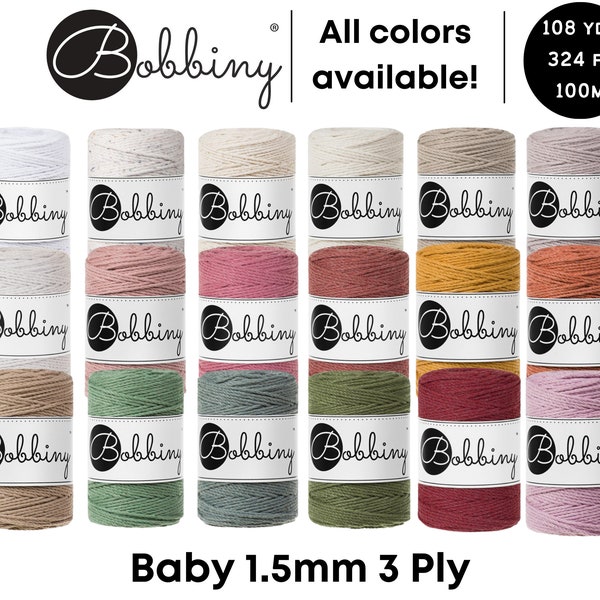 Bobbiny Baby 1.5mm 3 Ply Cord for Macramé, Crochet, Weaving, Knitting 100% Cotton Rope 108yds