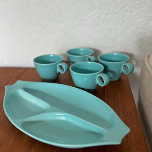 Vintage Speckled Teal Ceramic Vernonware Serving Platter and Cups Set