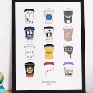 NYC Coffee Cups Art Print: Manhattan Cafe Decor