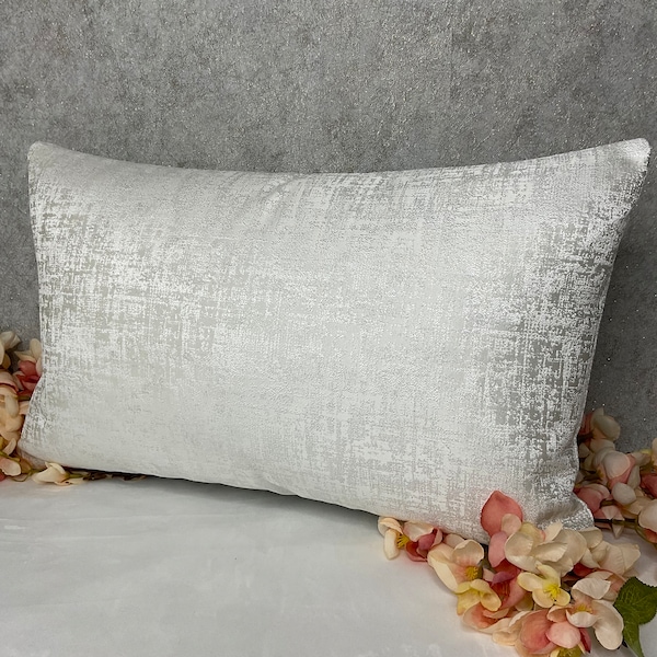 White - silver pillow cover, luxury cushion cover,rectangle bolster pillow case 12" x 20" designer throw pillow, luxury white bedding KIDMAN