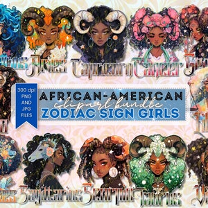 African American Sternzeichen Mädchen Clipart, digitaler Download, niedliche Mädchen Horoskop PNG, Celestial Astrologie Celestial Sternzeichen Sublimation