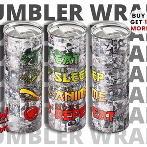 20oz Anime Tumbler Wrap, Skinny Tumbler Wrap Manga Collage Sublimation Design Straight PNG, Digital Instant Download, Anime Lover Manga