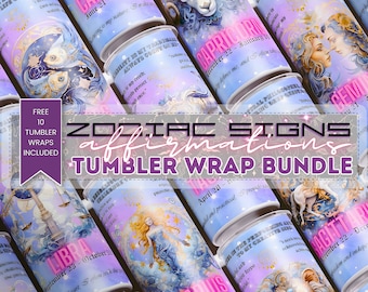 12 Zodiac Signs 20oz Skinny Tumbler Wrap Sublimation Design PNG, Affirmation Pastel Tumbler Bundle, Constellation Star Sign Galaxy Astrology