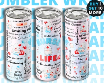 Nurse Life Gnomes Affirmations 20oz Skinny Tumbler Wrap Sublimation Design, Cute Gnome Nurses Straight PNG Digital Instant Download, Medical