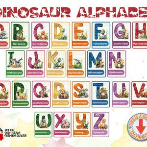 Printable Dinosaur Alphabet Kids Flashcards, Dino Jurassic ABC Learning Coloring Fun Alphabet Game, Preschool Kindergarten Toddler FlashCard