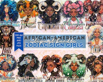 Puede incluir: Un paquete de clipart digital de chicas del zodiaco afroamericanas. Cada chica está representada con un estilo único y presenta un símbolo de constelación. La imagen incluye el texto "African-American clipart bundle Zodiac Sign Girls".