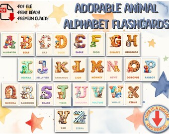 Animal Alphabet Printable, ABC Printable Flashcards, Montessori Toddler Preschool Cards, Colourful Educational Learning Cards, Learn ABC