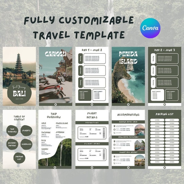 Travel Itinerary Template | Customizable Digital Planner | Canva Template | Mobile Itinerary - Bali Theme