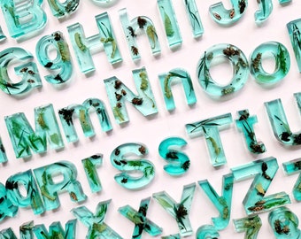 Letras de resina con temática verde y hojas (cursiva A disponible)