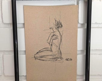 Original Charcoal Drawing, NOT A PRINT, Woman's Figure Art, Female charcoal sketch, sitting drawing, Unframed Art