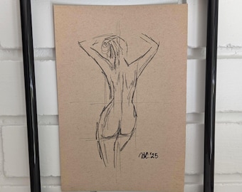 Original Charcoal Drawing, NOT A PRINT, Woman's Figure Art, Female charcoal sketch, Back drawing, Unframed Art