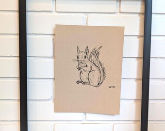 Original Charcoal Drawing, NOT A PRINT, Squirrel Art, Woodland animals sketch, Whimsical Illustration, Nursery Wall Art, Unframed Art