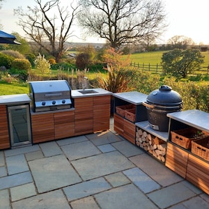 Contemporary Outdoor Kitchen Handmade Bespoke MicroCement Outdoor Kitchen with Cedar Accents BBQ Table BBQ Table