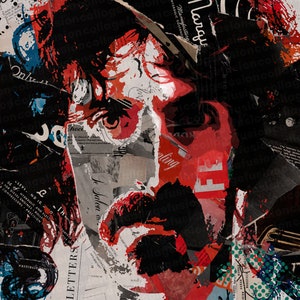 Puede incluir: Una obra de arte de collage que presenta la cara de un hombre en rojo, negro y blanco. La imagen está compuesta por varios trozos de papel y texto, creando una apariencia texturizada y abstracta.