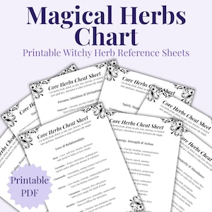 May include: A collection of printable reference sheets titled "Magical Herbs Chart" with information on herbs for spells. The sheets include categories like "Dreams, Intuition & Divination" and "Love & Relationships". The text "Printable PDF" is also visible.