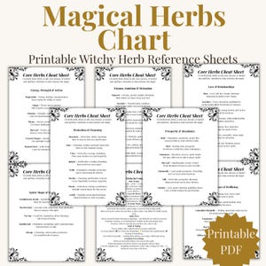 May include: A printable PDF chart titled "Magical Herbs Chart" with various "Core Herbs Cheat Sheet" sections. The sheets list herbs and their uses for energy, dreams, love, protection, prosperity, and well-being. The design includes decorative borders.