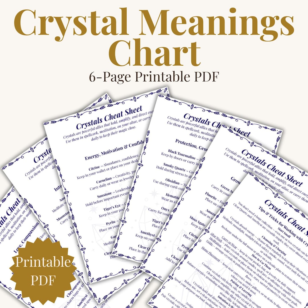 Crystal Meanings Chart – 6-page Printable Crystal Cheat Sheet | Crystal ...