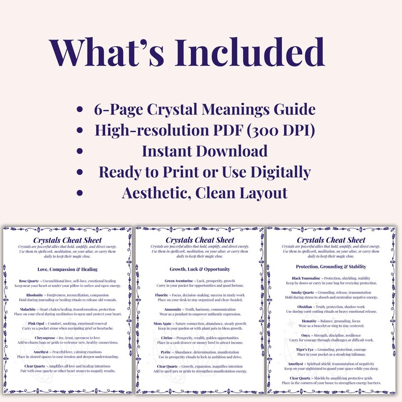 Crystal Meanings Chart – 6-page Printable Crystal Cheat Sheet | Crystal ...