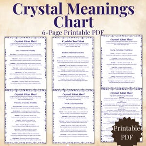 May include: A 6-page printable PDF titled "Crystal Meanings Chart." The document features a decorative border and includes sections on crystal meanings, such as "Love, Compassion & Healing" and "Protection, Grounding & Stability."