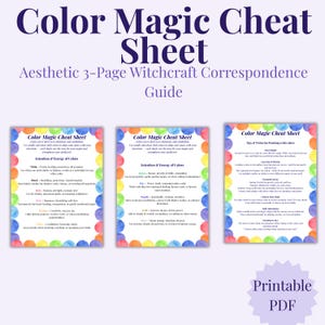 Op de afbeelding: Esthetische 3-pagina's tellende heksencorrespondentiegids getiteld "Color Magic Cheat Sheet". De gids bevat kleurrijke tekst en illustraties, met een regenboogrand. De tekst bevat informatie over intenties en energie van kleuren.